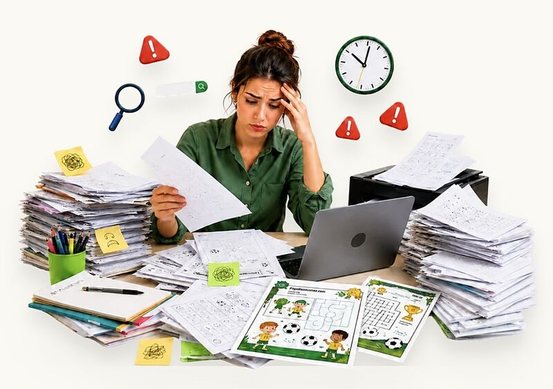 Professora sobrecarregada com pilhas de atividades, laptop e prazos apertados